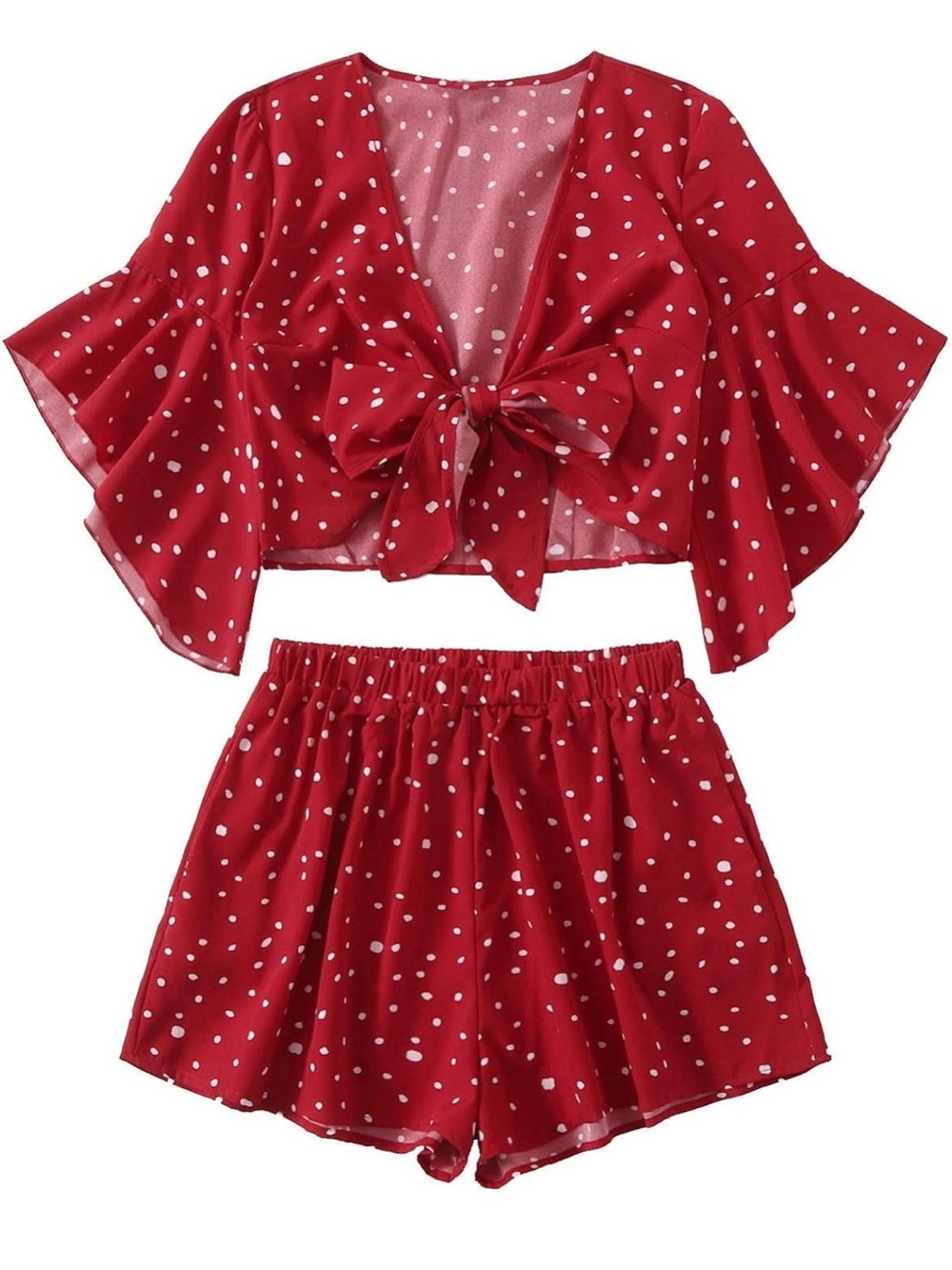 Red Polka Dot Tie-Front Crop Top & Shorts Set
